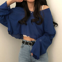 아일라 크롭 날라리 오프 니트 티셔츠 블루