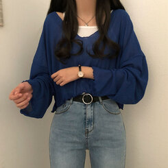 아일라 크롭 날라리 오프 니트 티셔츠 블루