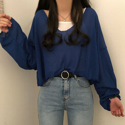 아일라 크롭 날라리 오프 니트 티셔츠 블루