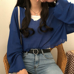 아일라 크롭 날라리 오프 니트 티셔츠 블루