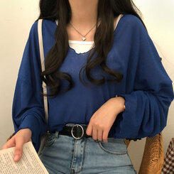 아일라 크롭 날라리 오프 니트 티셔츠 블루