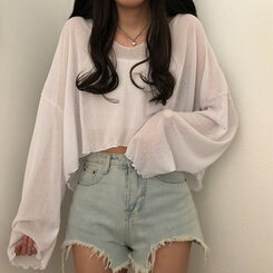 아일라 크롭 날라리 오프 니트 티셔츠 아이보리