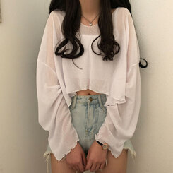 아일라 크롭 날라리 오프 니트 티셔츠 아이보리