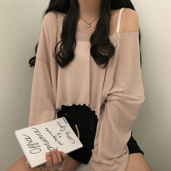 아일라 크롭 날라리 오프 니트 티셔츠 베이지