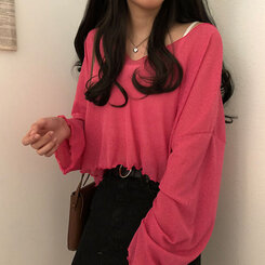 아일라 크롭 날라리 오프 니트 티셔츠 핑크