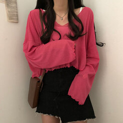 아일라 크롭 날라리 오프 니트 티셔츠 핑크