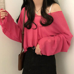 아일라 크롭 날라리 오프 니트 티셔츠 핑크