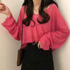 아일라 크롭 날라리 오프 니트 티셔츠 핑크