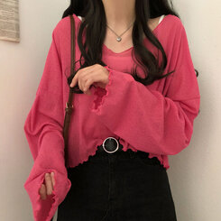 아일라 크롭 날라리 오프 니트 티셔츠 핑크