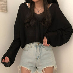 아일라 크롭 날라리 오프 니트 티셔츠 블랙