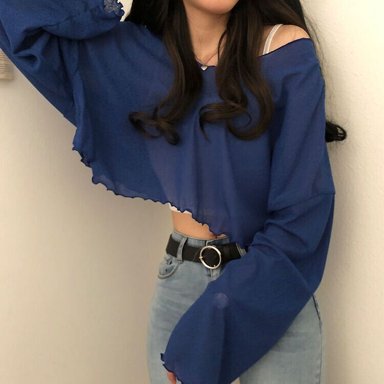 아일라 크롭 날라리 오프 니트 티셔츠 블루