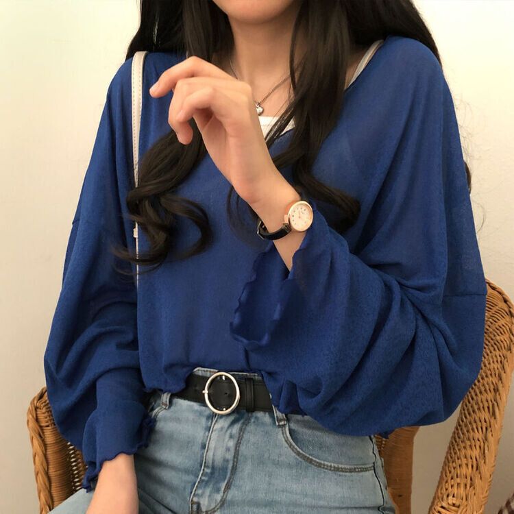 아일라 크롭 날라리 오프 니트 티셔츠 블루