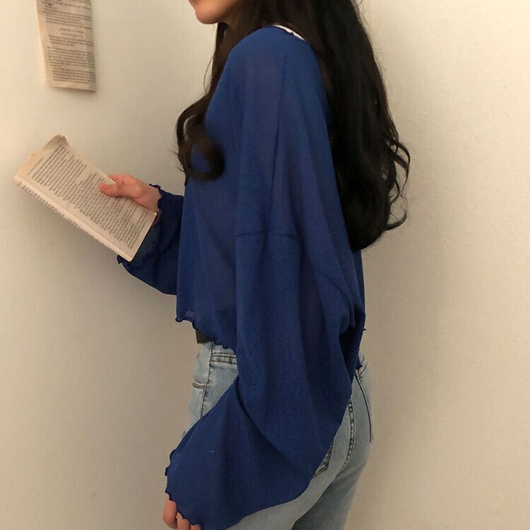 아일라 크롭 날라리 오프 니트 티셔츠 블루