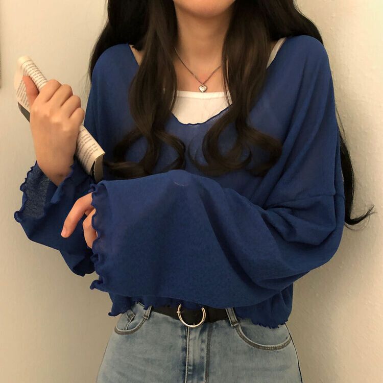 아일라 크롭 날라리 오프 니트 티셔츠 블루