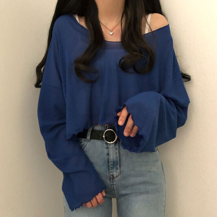 아일라 크롭 날라리 오프 니트 티셔츠 블루