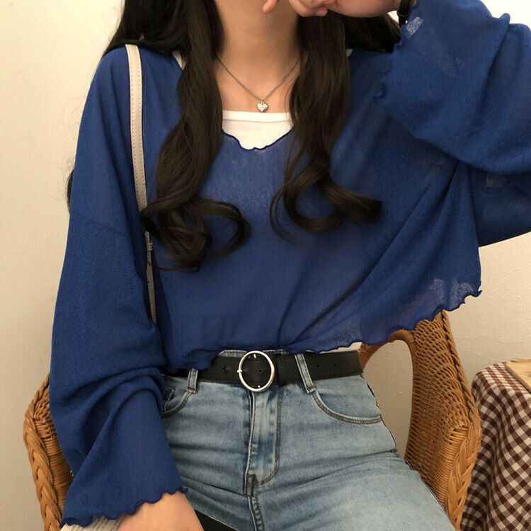 아일라 크롭 날라리 오프 니트 티셔츠 블루