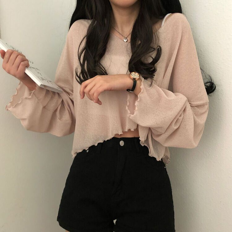 아일라 크롭 날라리 오프 니트 티셔츠 베이지