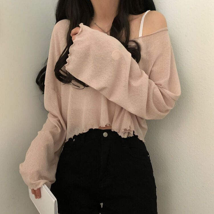 아일라 크롭 날라리 오프 니트 티셔츠 베이지