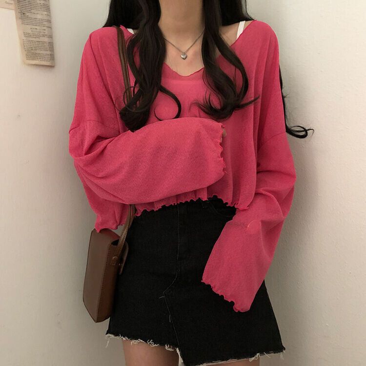 아일라 크롭 날라리 오프 니트 티셔츠 핑크