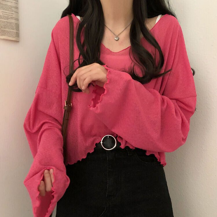 아일라 크롭 날라리 오프 니트 티셔츠 핑크