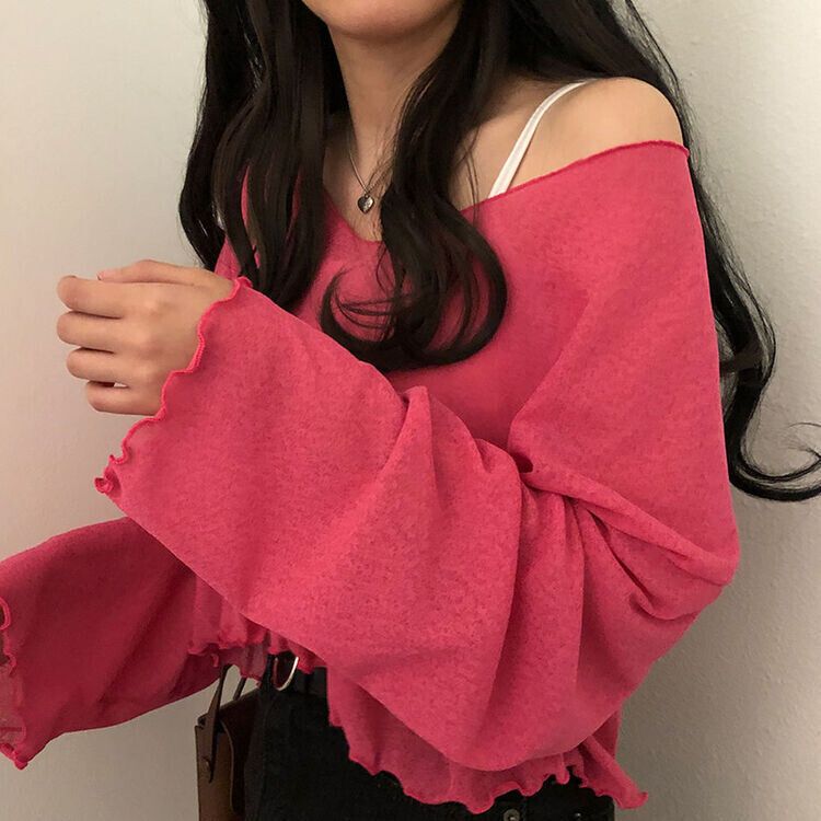 아일라 크롭 날라리 오프 니트 티셔츠 핑크