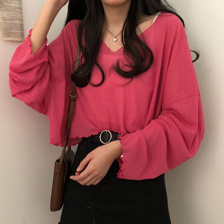 아일라 크롭 날라리 오프 니트 티셔츠 핑크