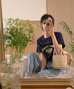 半袖Tシャツ 英文プリントルーズフィット半袖Tシャツ NAVY