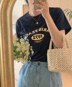 半袖Tシャツ 英文プリントルーズフィット半袖Tシャツ NAVY