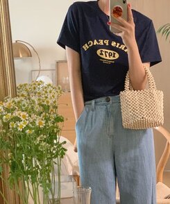 半袖Tシャツ 英文プリントルーズフィット半袖Tシャツ NAVY