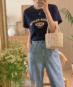 半袖Tシャツ 英文プリントルーズフィット半袖Tシャツ NAVY