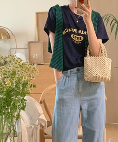 半袖Tシャツ 英文プリントルーズフィット半袖Tシャツ NAVY