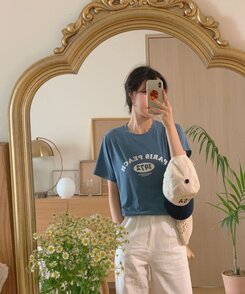 半袖Tシャツ 英文プリントルーズフィット半袖Tシャツ LIGHT BLUE