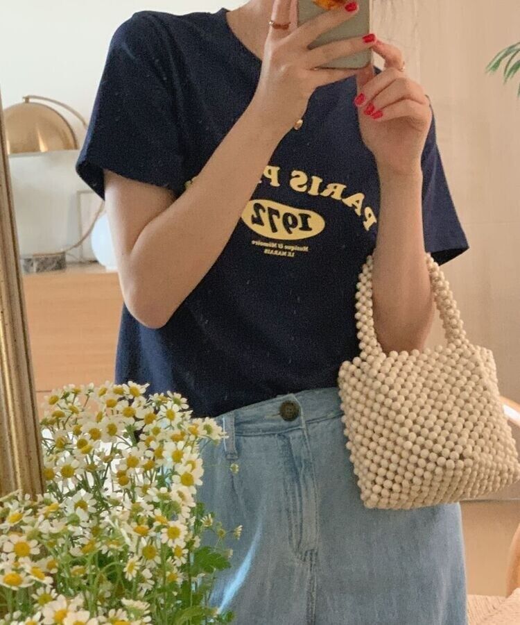 英文プリントルーズフィット半袖Tシャツ NAVY