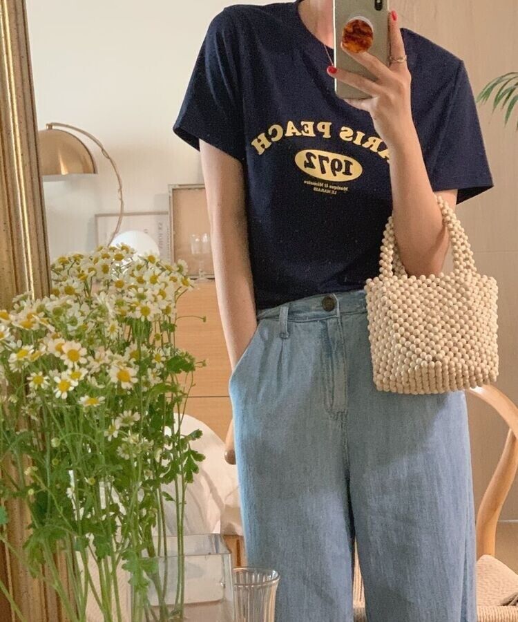 英文プリントルーズフィット半袖Tシャツ NAVY