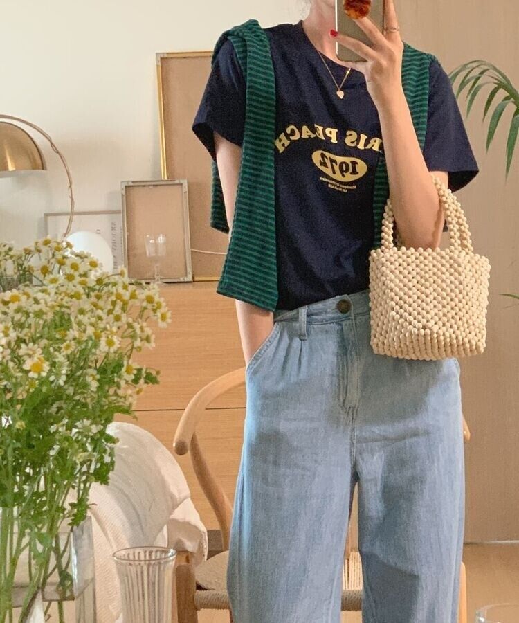 英文プリントルーズフィット半袖Tシャツ NAVY