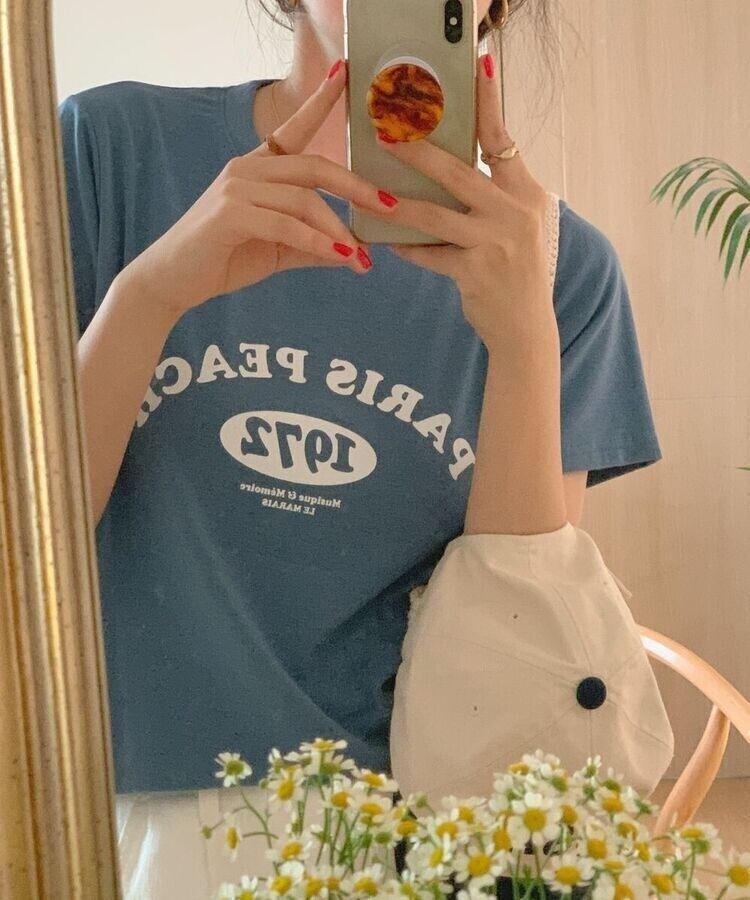 英文プリントルーズフィット半袖Tシャツ LIGHT BLUE