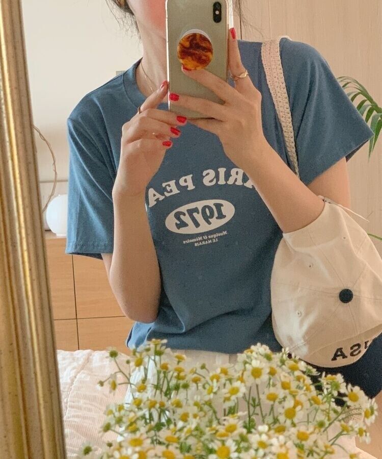 英文プリントルーズフィット半袖Tシャツ LIGHT BLUE