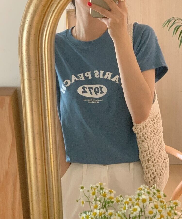 英文プリントルーズフィット半袖Tシャツ LIGHT BLUE